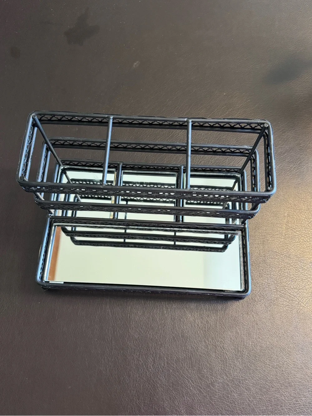 Two-Tier Black Metal Jewelry/Makeup Organizer with Mirrored Tray